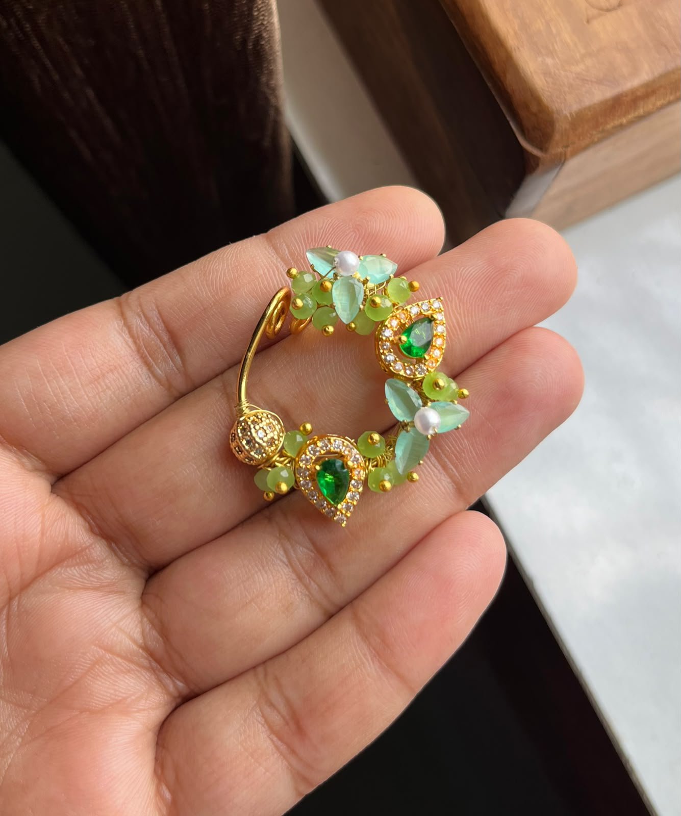 Green Kundan and ad stone Nath