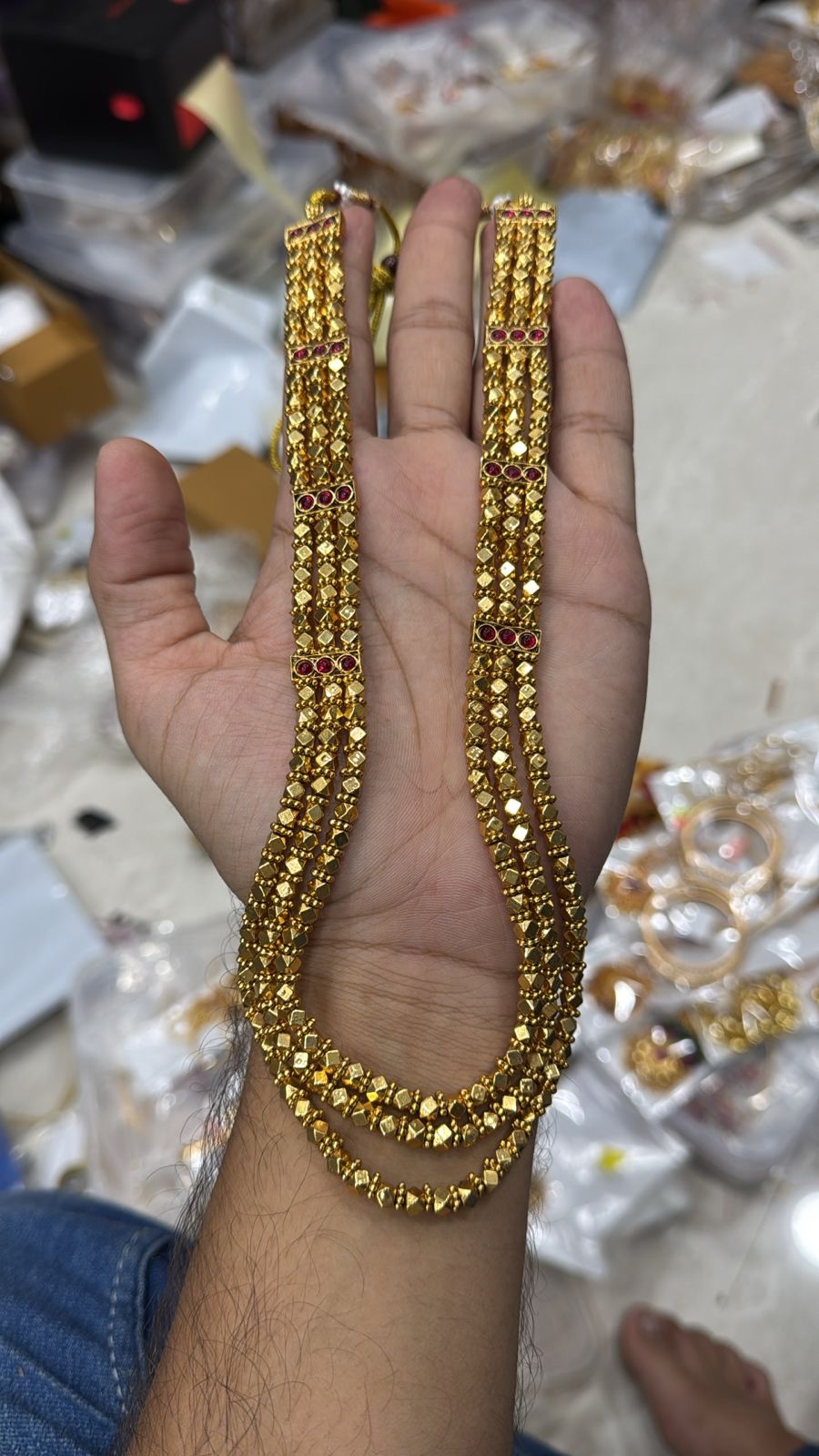 3 layered long Ashta chakri mala with earrings.